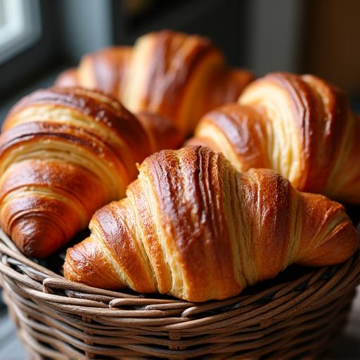 Eine Auswahl an frischen Croissants und Pain au Chocolat in einem Korb.