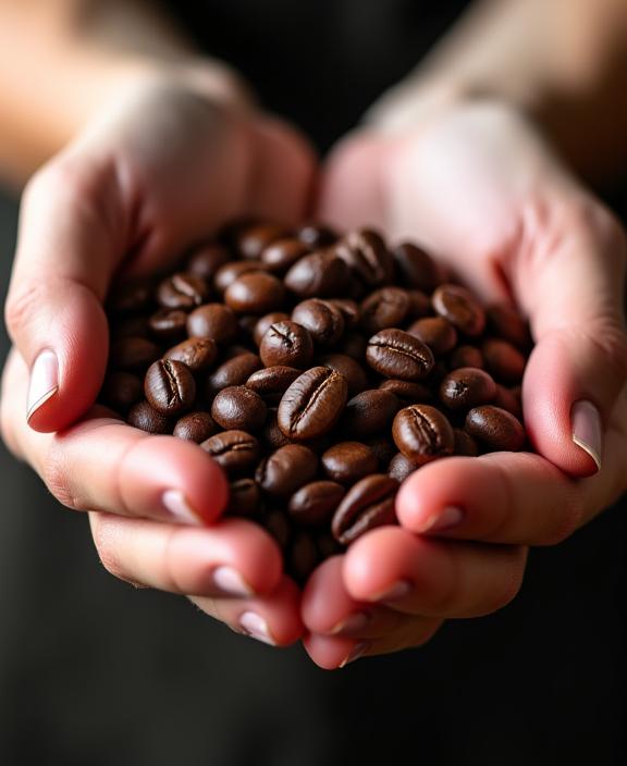 Eine Hand voll frisch gerösteter, aromatischer Arabica-Kaffeebohnen.